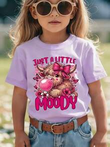 Girls' Short-Sleeved T-Shirt, Summer Style, With "JUST A LITTLE MOODY" Print, Showing A Cartoon Calf Blowing Bubbles With A Bow, Casual And Versatile NY Top - 紫色 - 查看 1