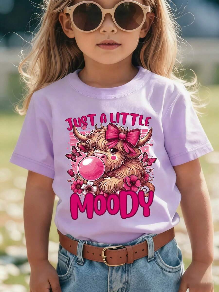 Girls' Short-Sleeved T-Shirt, Summer Style, With "JUST A LITTLE MOODY" Print, Showing A Cartoon Calf Blowing Bubbles With A Bow, Casual And Versatile NY Top - 紫色 - 查看 1