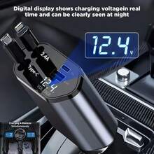 Cargador de coche retráctil 4 en 1 USB C de carga rápida con cables duales Tipo-C y 2 puertos de carga con pantalla de voltaje compatible con iPhone 17/16 Pro Max Galaxy Note - Multicolor - Ver 2