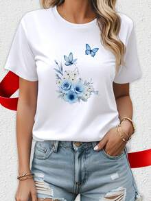 ropa de mujer3388 #   Elegante Camiseta Blanca de Manga Corta para Mujer, Camiseta de Verano a la Moda para Viajes, Citas, Regalo, Vacaciones, Playa, con Rosas Azules y Flores Azules, Blusa - Blanco - Ver 1