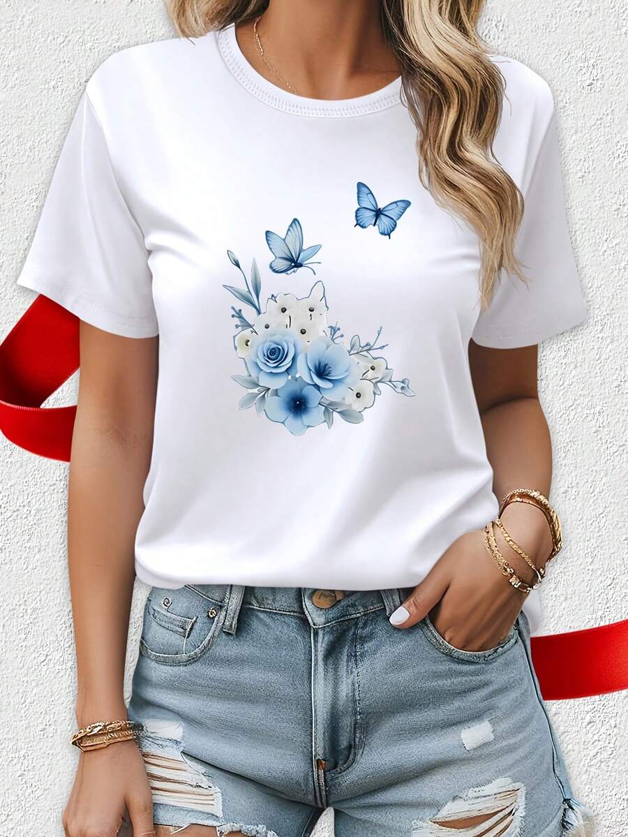 ropa de mujer3388 # Elegante Camiseta Blanca de Manga Corta para Mujer, Camiseta de Verano a la Moda para Viajes, Citas, Regalo, Vacaciones, Playa, con Rosas Azules y Flores Azules, Blusa - Blanco - Ver 1