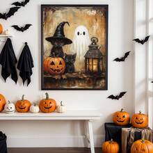 1pc Canvas Wall Art With Frame, Vintage Halloween Theme, Black Cat, Witch Hat, Cute Ghost, Pumpkin Lantern, Glowing Lantern Pattern, Country Style Oil Painting, Pastoral Dark Academia Aesthetic, Suitable For Modern Home Decor, Room Decoration - Black Cat Ghost - View 7