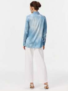 Rich Radi Q's Elegant Women's Long Sleeve Blouse With Contrast Lace And Hollow-Out Details, Blue Regular Hem Shirt Collar Top - Blue - View 6