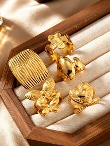 5pcs Summer Elegant Stainless Steel Women's Ring Set, Double Butterfly/Heart/Flower/Geometric Combination, Suitable For Daily Wear, Date, Party, Holiday Accessory, Open Adjustable - Gold - View 5