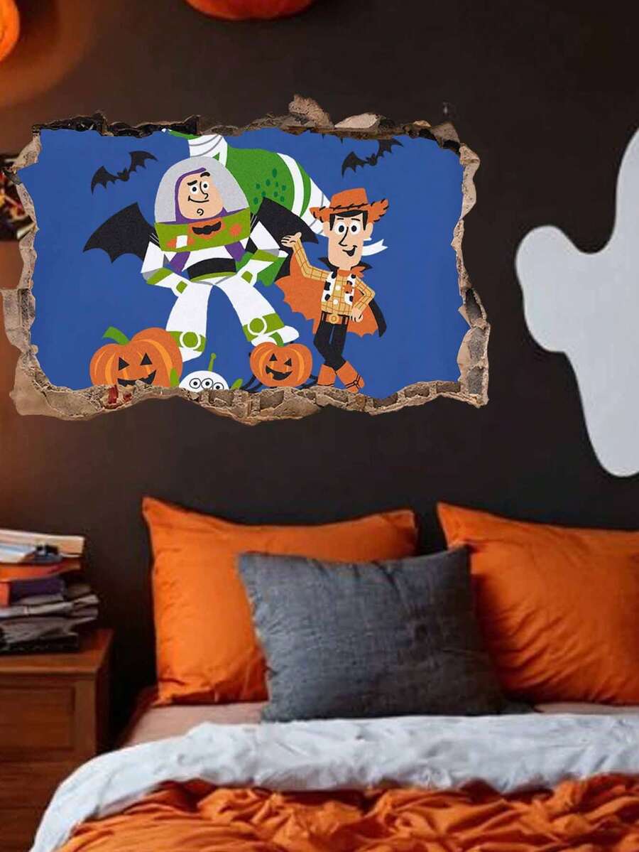 Disney Fashion Seasonal Wall Mural Decor "Buzz Lightyear & Woody" Combination, Unique Rough Cracked Wall Visual Effect, Pumpkin Ghost Bat Theme Pattern, Multi-Space Universal Layout Decoration, Suitable For Bedroom Hallway Apartment, Halloween Scene Gift Room Decor Home Decor Halloween Decor - Wall Sticker - K1 - View 1