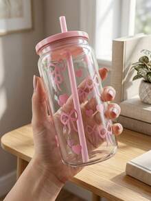 1pc Fashion 16oz Pink/Black/Blue Bow Plastic Cup With Lid And Straw, Perfect For Iced Coffee, Portable Drinks And Juices, Smoothies, Ideal Gift For Women And Sisters, Suitable For Office, Home Office, Back To School, Student Water Cup, Suitable For Summer And Winter, Birthday, Holiday And Gift, Back To School, Valentine's Day, Mother's Day, Father's Day, Kitchen Accessories - Multicolor - View 5