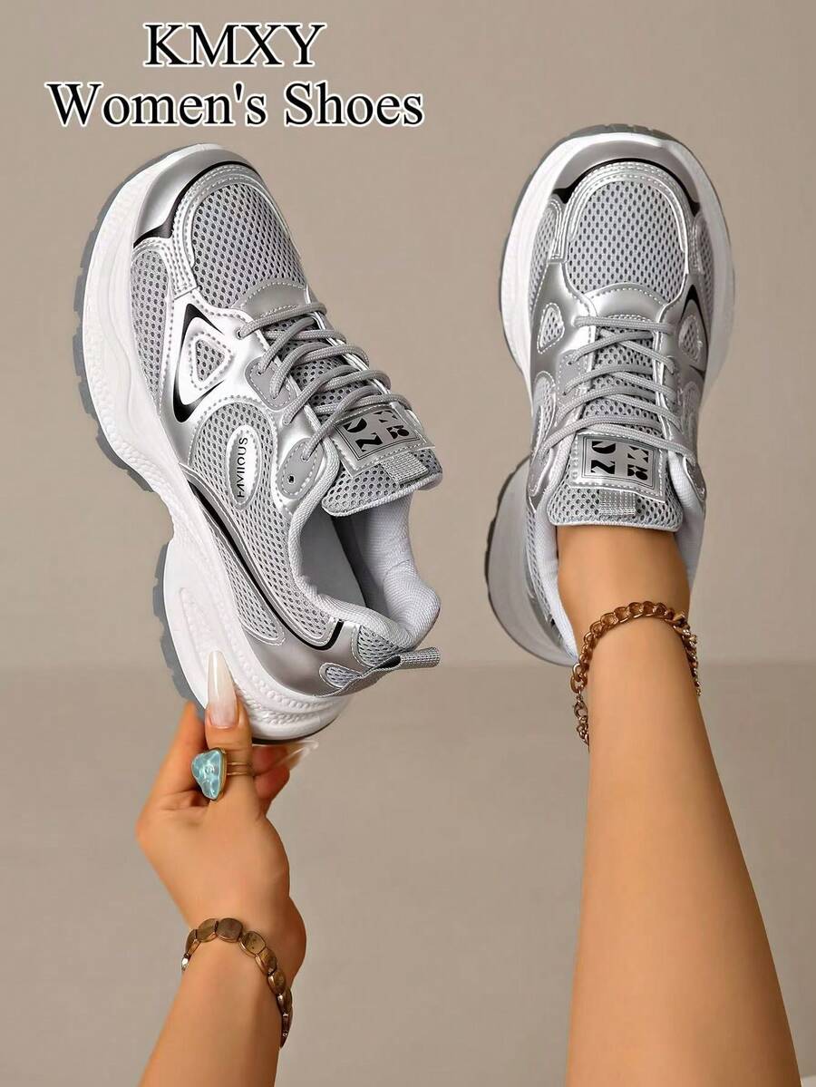 KMXY Women's All-Season New Sports Thick-Soled Sneakers, Mesh Breathable Thick-Soled Low-Top Wedge Casual Shoes, Lightweight Versatile Fashion Lace-Up White Sports Shoes - Silver - View 1