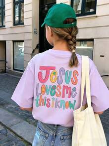 Camiseta de cuello redondo con estampado "Jesus Loves Me" para niña, top de verano - Morado - Ver 1