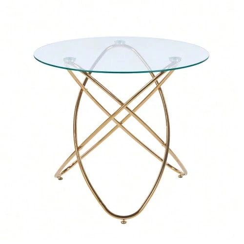 Dining Table With Gold Metal Legs And Tempered Glass Top, Modern And Space-Saving Kitchen Table For Living Room, Gold Metal Legs - 銀色 - 查看 1