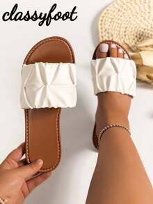 Sandalias planas con volantes de puntera cuadrada, de ajuste ancho, estilo de moda de verano y vacaciones, con zapatillas deslizantes de PU - Blanco - Ver 2