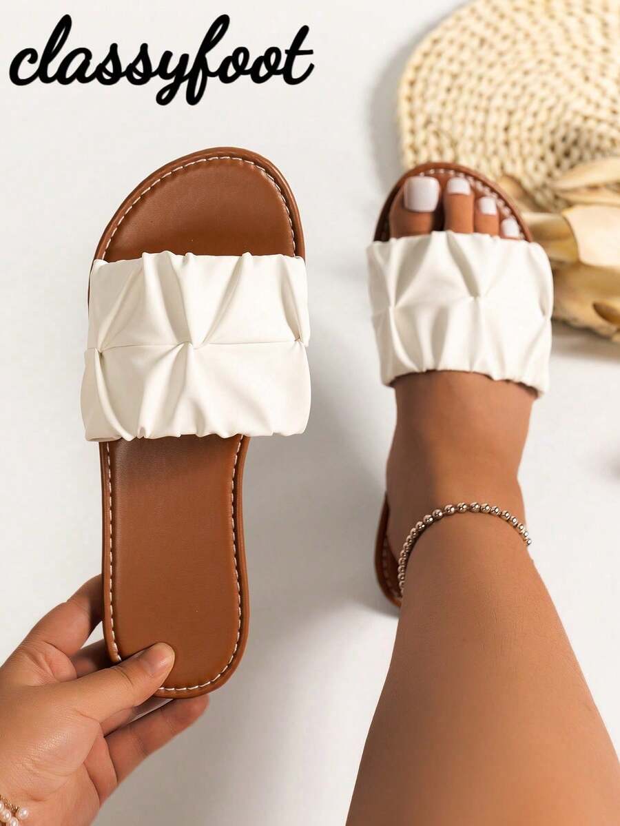 Sandalias planas con volantes de puntera cuadrada, de ajuste ancho, estilo de moda de verano y vacaciones, con zapatillas deslizantes de PU