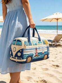 3D Printed Bus Pattern Tote Beach Bag Large Capacity Lightweight Durable, Zipper Handles Travel Duffle Bag For Sports Outdoor Beach Travel Essential - Multicolor - View 3