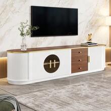 Luxury Style TV Cabinet, Lowboard, Brown Glass, MDF Body, Aluminum Handles, Rounded Edges, Vertical Groove Design - 白色 - 查看 3