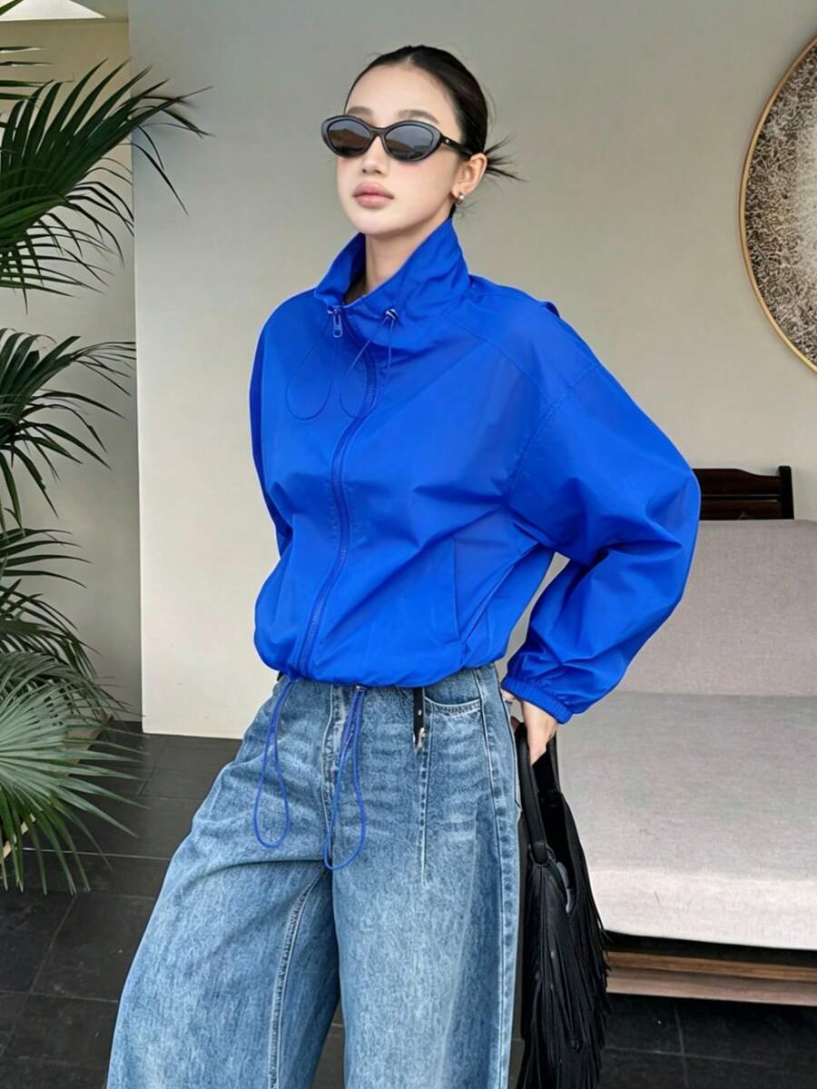 Women's Short Lightweight Jacket, Elegant Blue, Single Layer, Drawstring Collar, Loose Fit, Fashionable Versatile, Wear Alone Or Layer