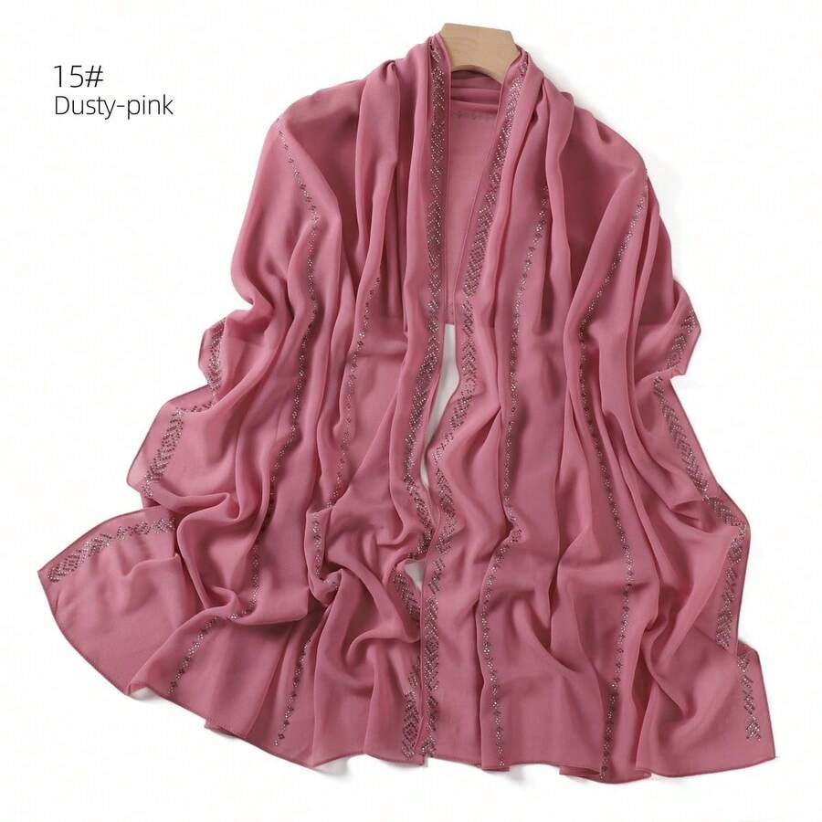 1 Piece Solid Color Rhinestone Chiffon Hijab, Elegant Faux Rhinestone Headscarf, Sunscreen Shawl For Women, Ideal For Dresses. - 玫瑰紅 - 查看 1