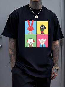 Cuatro personajes coloridos representan la diversidad y la  entre diferentes mundos con un conejo rojo alegre un calcetín con gafas un ser con auriculares y otro con traje simbolizando unión - Negro - Ver 1