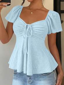 Women's T-Shirt, Modern And Elegant, New For Spring/Summer, Y2K Style, Solid Color, Jacquard, Comfortable And Breathable, With V-Neck, Adjustable Drawstring And Short Sleeves - 黃色 - 查看 3