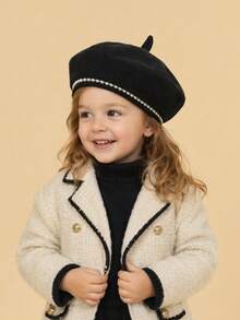 1pc Kids Casual Pearl Decor Solid Color Versatile Autumn/Winter Girls Beret Newsboy Cap Suitable For Daily Wear, Holiday, Party - Pearl Beret - View 2