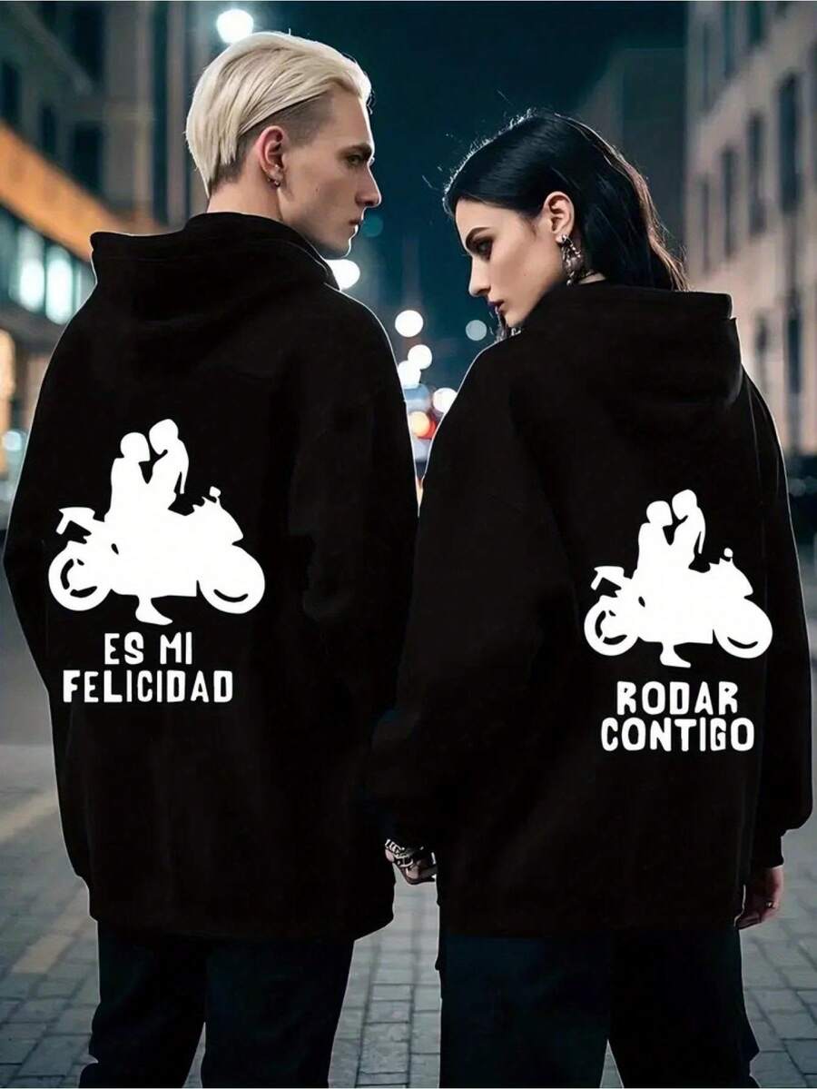bras "ES MI FELICIDAD" y "RODAR CONTIGO" – un regalo perfecto para el Día de San Valentín para parejas, una sudadera romántica de estilo urbano adecuada tanto para hombres como para mujeres. - Sudaderas negras para parejas de chicas - Ver 1