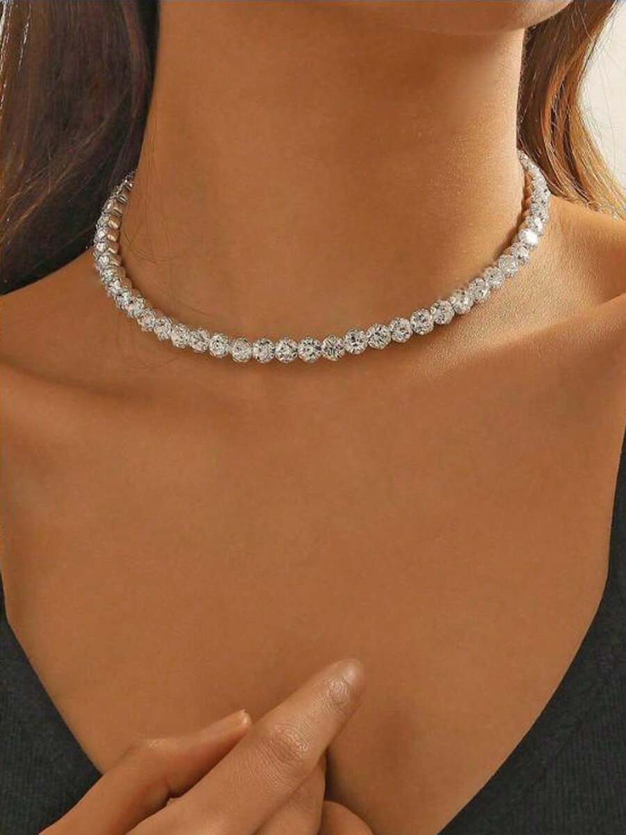 1 Piece Women's Choker With Full Rhinestone Crystals, Versatile For Evening Dress, Fixed Neck Chain - Silver - View 1