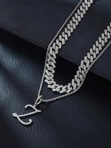 1pc Elegant Shiny Cursive Letter Pendant Necklace, Designed For Men, Combines Fashion And Luxury, Suitable For Parties, Banquets, Holiday Celebrations, Christmas And Other Occasions, Also Can Be Worn As Daily Wear Gift Jewelry, Versatile And Tasteful - Double-layered Hip-hop Letter Necklace - View 34