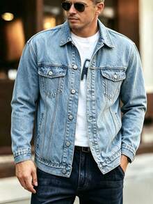 Veste en jean bleu clair pour hommes, lavée vintage, veste en jean à manches longues avec une finition de lavage usé, parfaite pour tous les jours - bleu denim clair - Voir 3