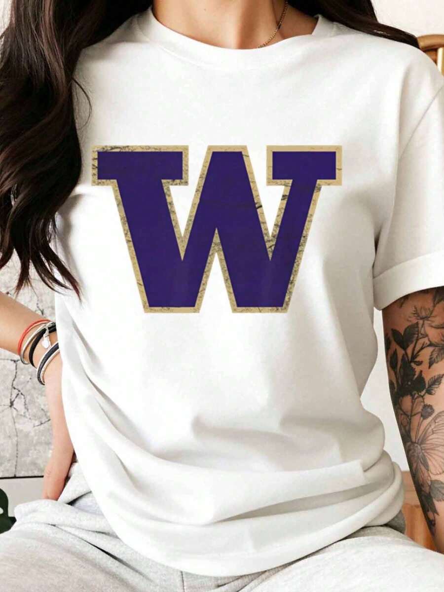Camiseta blanca con el logo de los Washington Huskies, unisex, de cuello redondo, informal, para fanáticos universitarios y uso diario. - Blanco - Ver 1