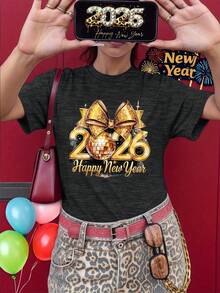 dos y la frase "Feliz Año Nuevo", de manga corta y cuello redondo, ropa informal para fiestas, lavable a máquina, ropa para celebraciones navideñas, regalo para fiestas familiares 2026. FCV0 - Rojo - Ver 9