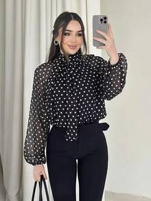 Women's Long-Sleeved Shirt With High Neck And Moon Print, Simple Casual Blouse, Fashionable Blouse For Working Women. - 乳白色 - 查看 4