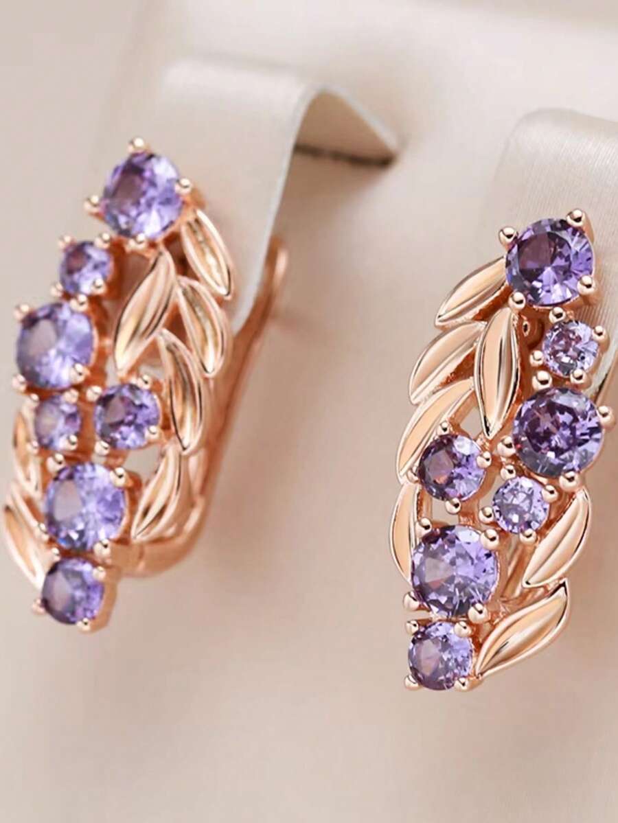 Vanel 1Pair Elegant Golden Leaf Branch Huggie Earrings, Multi Size Purple Round Cubic Zirconia Floral Clip Earrings For Women - Golden-purple - View 1
