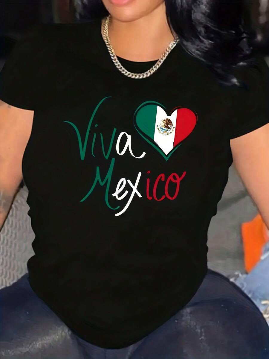 Women's Casual Short-Sleeved T-Shirt With A Heart-Shaped Design Of The Mexican Flag And The Phrase 'Viva México'. It Has A Round Neck, Breathable And Stretchy Fabric. - 黑色 - 查看 1