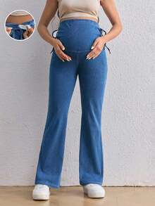 Jeans ceñidos elásticos de tiro alto para mujer embarazada, azules informales para maternidad - Azul lavado oscuro - Ver 2