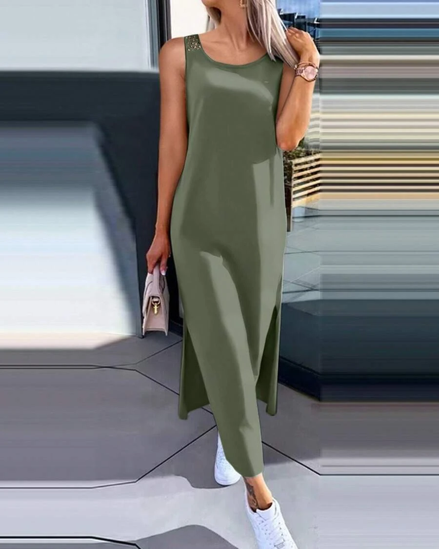New Women's Simple Solid Color Sleeveless Summer Dress With Lace Back - Army Green - View 1