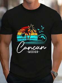 Camiseta casual estampada para hombre, con la estampado "Cancún México Retro Playa Atardecer", camiseta unisex para hombre y mujer, adecuada para todas las estaciones, camiseta para uso diar - Multicolor - Ver 1
