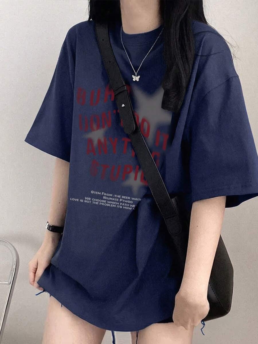 女士休闲宽松圆领字母星形印花短袖T恤，适合春夏穿着 - 藏蓝色 - 查看 1