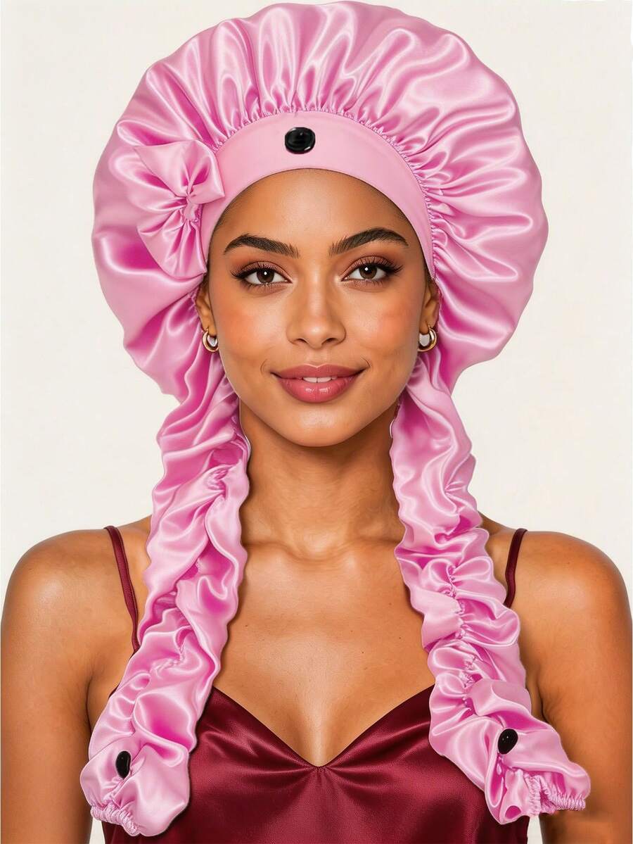 CONFLASS Cute Bow Decor Large Silk Night Cap, With Pleated Long Shoulder Strap, Women's Hair Protection Cap, Adjustable Button Satin Hair Cap, Long Drawstring Anti-Frizz Sleep Cap, Suitable For Braided Hair, Luxurious High-End Silky Satin Night Hair Cap - Multicolor - View 1