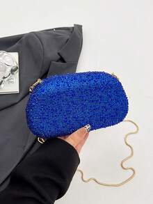 Women's Rhinestone Rounded Rectangular Evening Clutch, Front Curved Oval Handle Handbag, Fashion Crossbody Bag, Suitable For Wedding, Ball, Valentine's Day Party - Blue - View 6