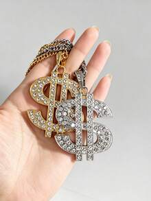 1pc Retro Hip-Hop Style Gold Chain Necklace With Diamond-Encrusted Dollar Sign Pendant - one-size - View 14