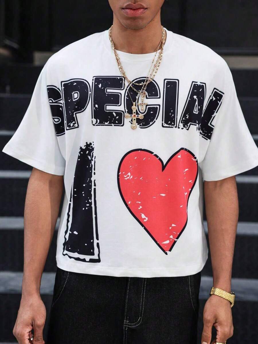 Vintage Distressed Giant Heart Attitude Slogan Print T-Shirt, Men's Loose Short Sleeve Casual Top, White Crew Neck Youth Retro Short Streetwear Tee - White - View 1
