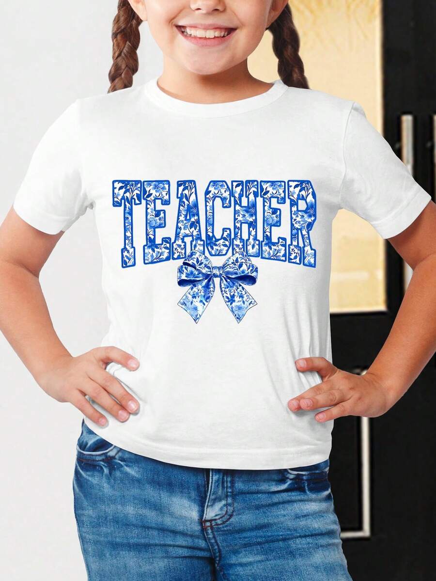 Boys' And Girls' T-Shirt With "Teacher" Text Print And Blue Floral Watercolor Bow, Casual Top For Everyday Wear And Back To School, Children's Clothing - 白色 - 查看 1