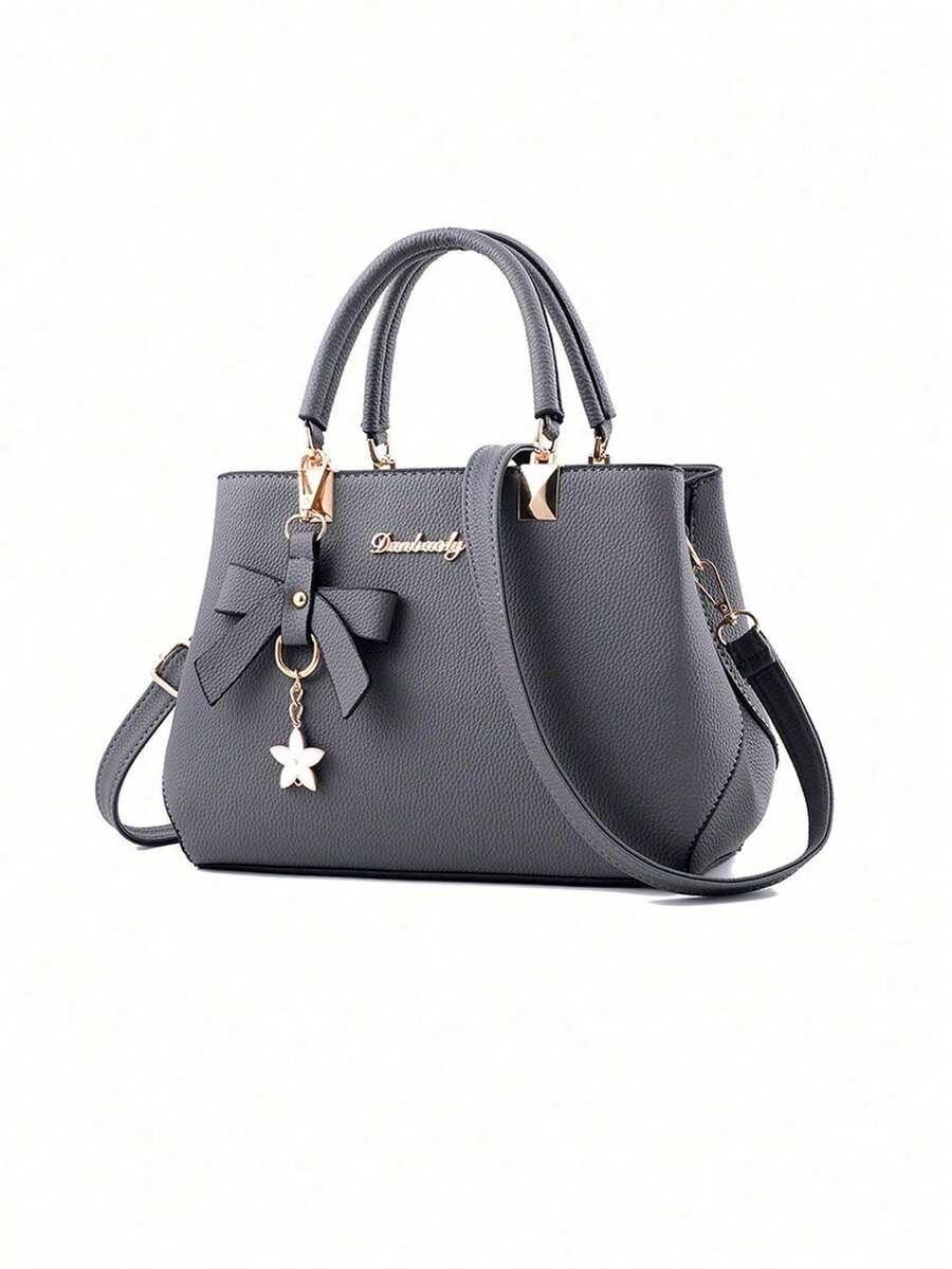 Solid Color, PU Material With Bow Pendant, Mother's Day Gift, Valentine's Day Gift, Elegant Women's Handbag, Shoulder Bag, Crossbody Bag, Large Capacity Handbag - 灰色 - 查看 1