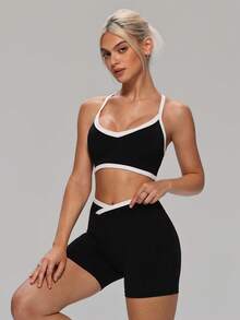 MASKERT Women 2pcs V Neck Crisscross Back Bra & High Waist Shorts Set Yoga Set Workout Set Gym Set 2 Pieces Set Training Tennis Outdoor Activewear Set - Black - View 6