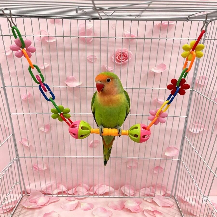 Colorful Floral Chain Bird Swing Toy With Dual Bell Balls, Plastic Hanging Perch Chewing Accessory, Suitable For Budgies, Long-Tailed Parrots, Cockatiels, Lovebirds And Small Parrots, Interactive Cage Toy For Beak Grinding And Boredom Relief, Random Color