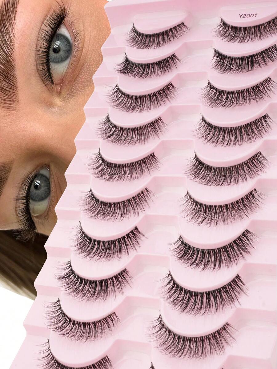 10對短款6-7mm自然透明梗3D捲翹舒適全條假睫毛，適合女性日常配戴、約會、度假、上班妝容