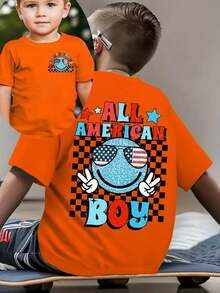 Camiseta de manga corta de moda para niños 'Día de la Independencia Americana' 'ALL AMERICA BOY' con elementos a cuadros y estampado de dibujos animados de doble cara, top casual para exteri - Verde militar - Ver 1