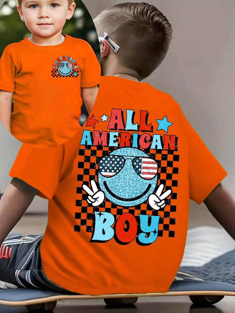 Camiseta de manga corta de moda para niños 'Día de la Independencia Americana' 'ALL AMERICA BOY' con elementos a cuadros y estampado de dibujos animados de doble cara, top casual para exteri - Verde militar - Ver 1