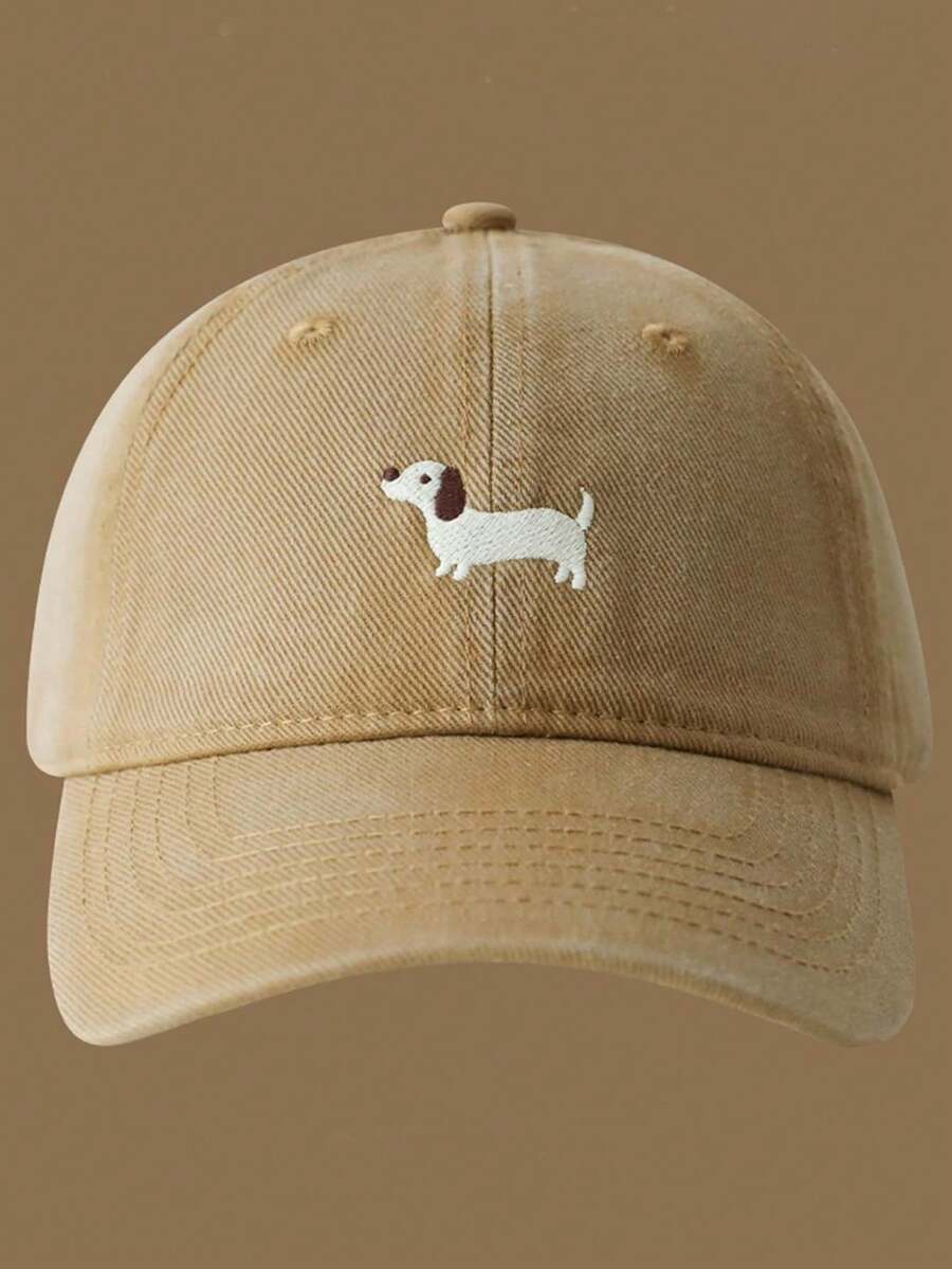 1 Piece Casual Baseball Cap With Dog Embroidery, Adjustable Brim, Suitable For All Seasons - Khaki - View 1