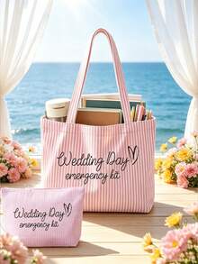1/2pcs Bridal Wedding Large Capacity Striped Tote Bag Set, Suitable For Beach And Daily Use, Striped Beach Handbag With Pink Makeup Bag - Multicolor - View 7