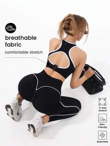 2pcs Seamless Contrast Color Yoga Set For Women, Halter Halter Cutout Back With Padded Yoga Bra, High Elasticity And Sports Black - Black - View 1