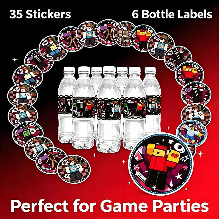 41pcs Set 35pcs 5cm Round Stickers + 6pcs Water Bottle Labels, Exquisite Roblox Game Character Printed Decorative Sticker Set, Cartoon Block Character Pattern Round Waterproof Water Bottle Stickers, Suitable For Children's Birthday Party Game Theme Party Favors Decoration - Forsaken Chance Water Bottle Label Stickers - View 1